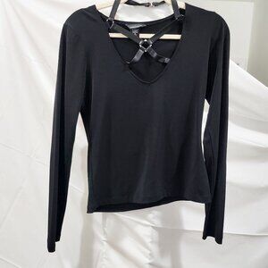 Sexy Faux Leather Criss-Cross Cut Out Long Sleeve Shirt, Med